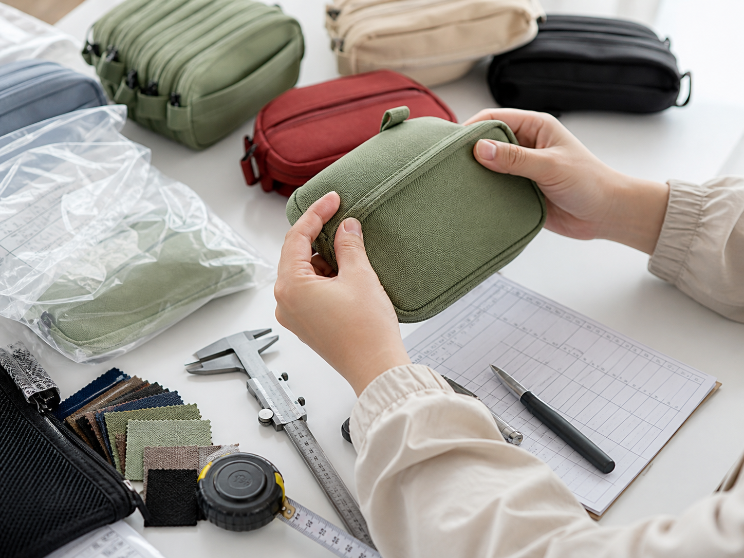 Product sample inspection with measuring tools and packaging